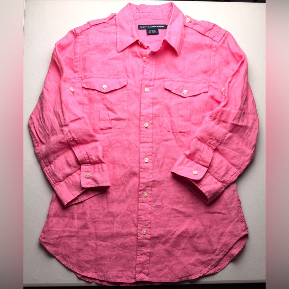 Ralph Lauren Sport pink linen button-down 3/4 Sleeve shirt Size 10